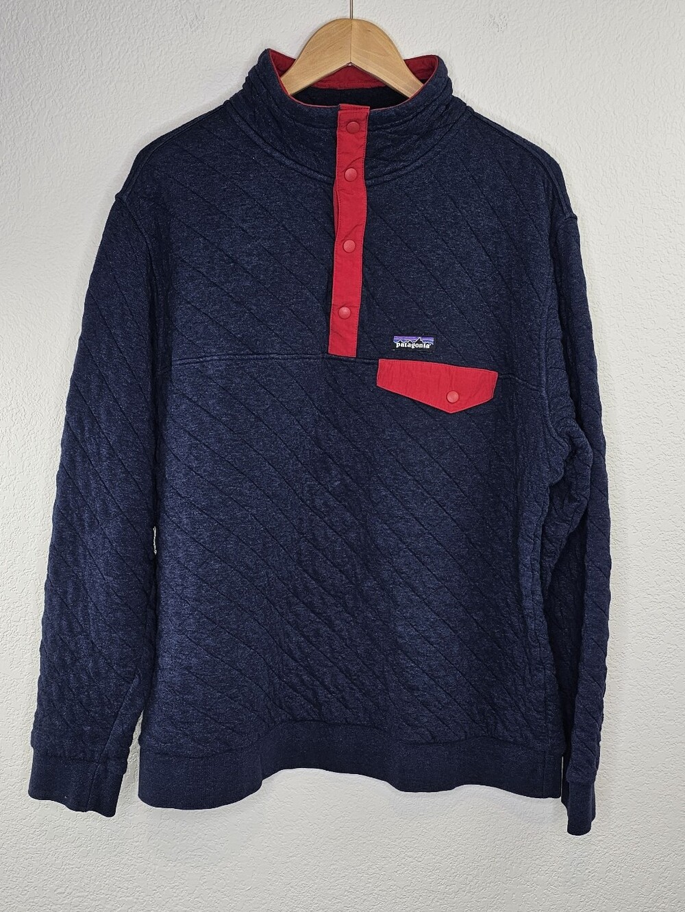 Patagonia Organic Cotton Quilt Navy Red Snap-T Pullover Sweater XL